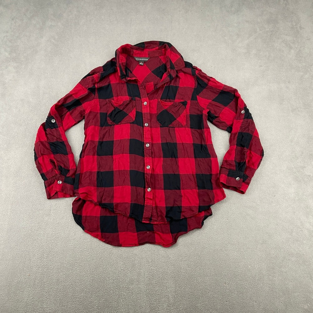Rock & Republic Womens Red Black Buffalo Plaid Rayon Button Down Shirt‎ Medium